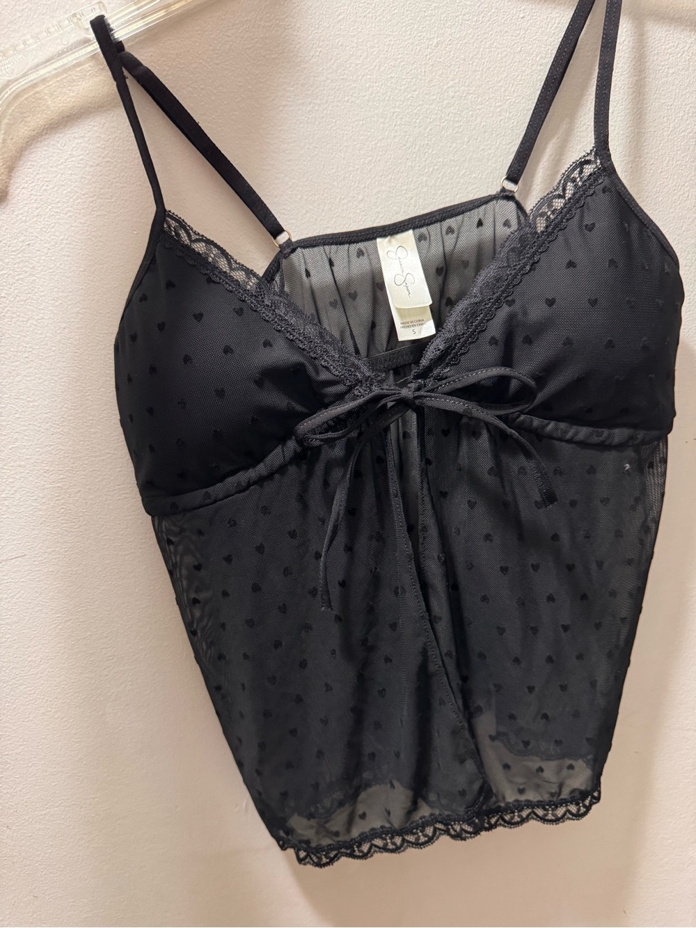 Jessica Simpson Black Sheer Heart-Print Chemise with Lace Trim